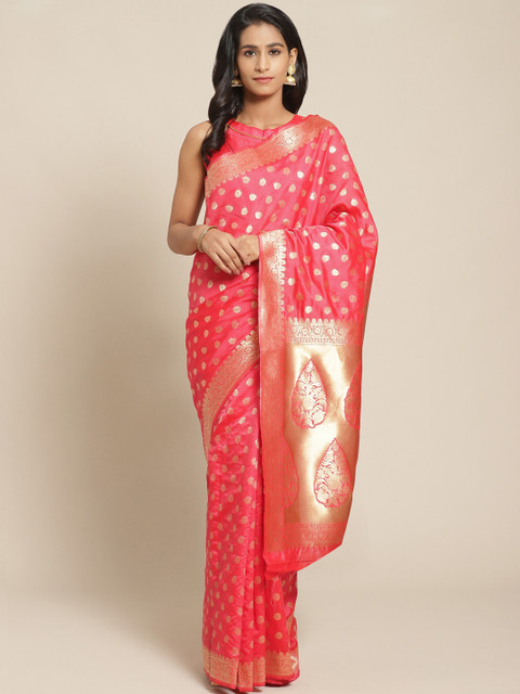 

Mitera Coral Pink & Golden Pure Silk Zari Woven Design Saree