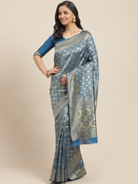 

Mitera Blue & Golden Zari Woven Design Kanjeevaram Saree