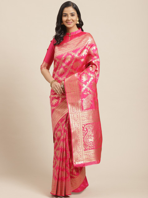 

Mitera Pink & Golden Zari Woven Design Kanjeevaram Saree