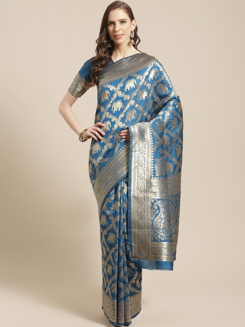 

Mitera Turquoise Blue & Golden Woven Design Kanjeevaram Saree