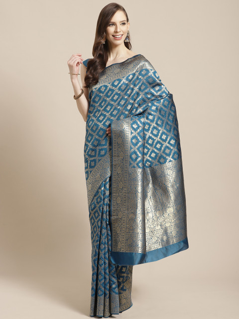 

Mitera Teal Blue & Golden Woven Design Kanjeevaram Saree