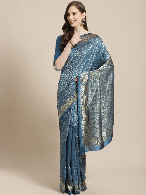 

Mitera Teal Blue & Golden Silk Blend Woven Design Kanjeevaram Saree