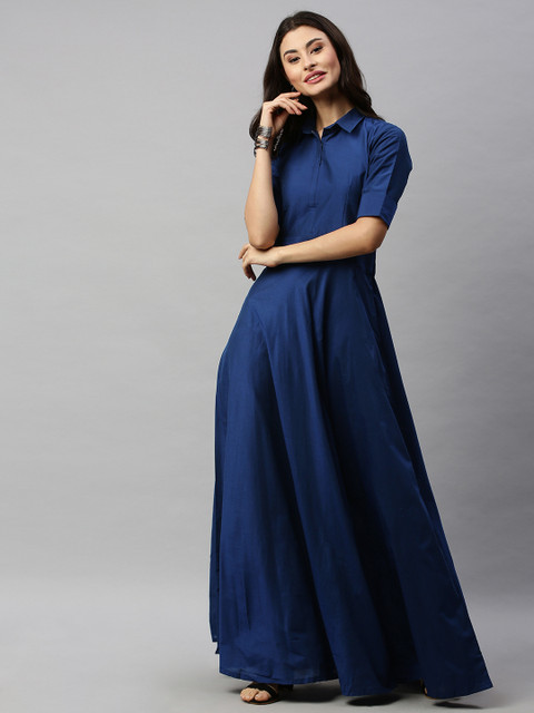 

EthnoVogue Women Navy Blue Made to Measure Solid Maxi Dress