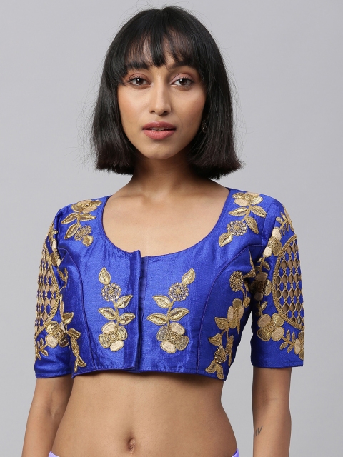 

Amrutam Fab Women Blue & Gold-Toned Embellished Silk Floral Saree Blouse