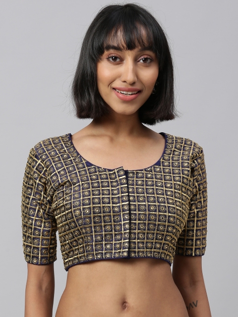 

Amrutam Fab Women Navy Blue & Gold-Toned Embroidered Saree Blouse