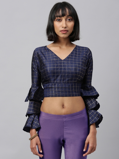 

Amrutam Fab Navy Blue & Gold-Toned Silk Checked Saree Blouse