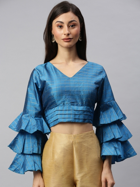 

Amrutam Fab Women Blue & Gold-toned Checked V-Neck Saree Blouse with Layered Bell Sleeve