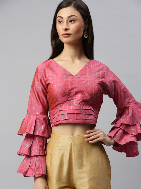 

Amrutam Fab Women Pink & Gold-toned Checked V-Neck Saree Blouse with Layered Bell Sleeve