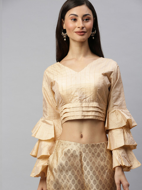 

Amrutam Fab Women Beige & Gold-toned Checked V-Neck Saree Blouse with Layered Bell Sleeve