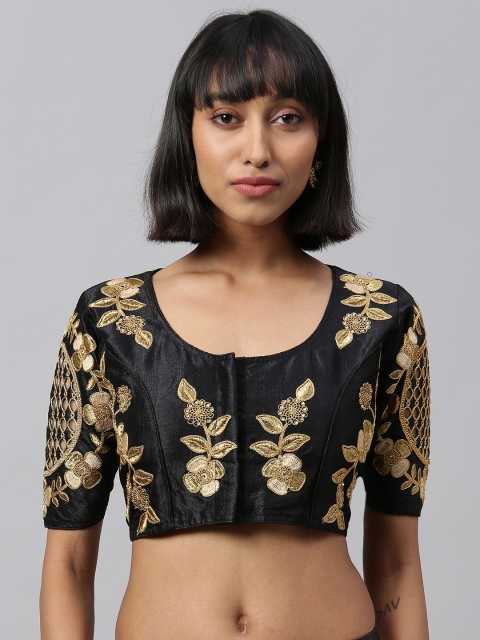 

Amrutam Fab Women Black & Gold-Toned Embellished Silk Floral Saree Blouse