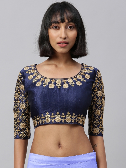 

Amrutam Fab Women Navy Blue & Gold-Toned Embroidered Saree Blouse