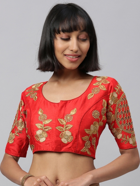 

Amrutam Fab Women Orange & Gold-Toned Embellished Silk Floral Saree Blouse