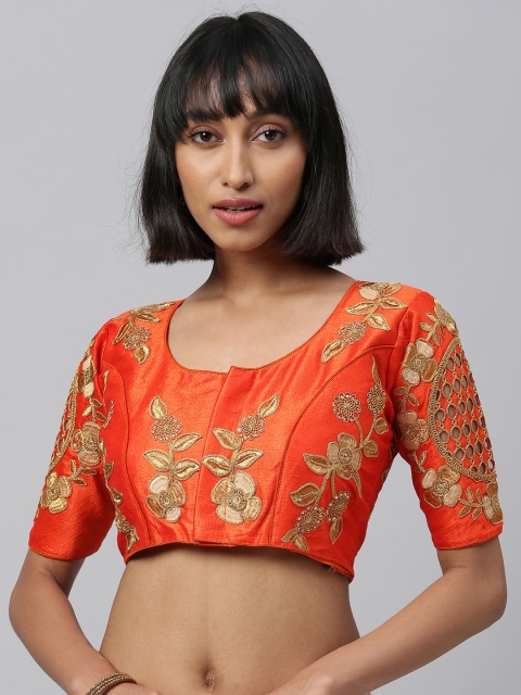

Amrutam Fab Woman Orange & Gold-Toned Embellished Silk Floral Saree Blouse