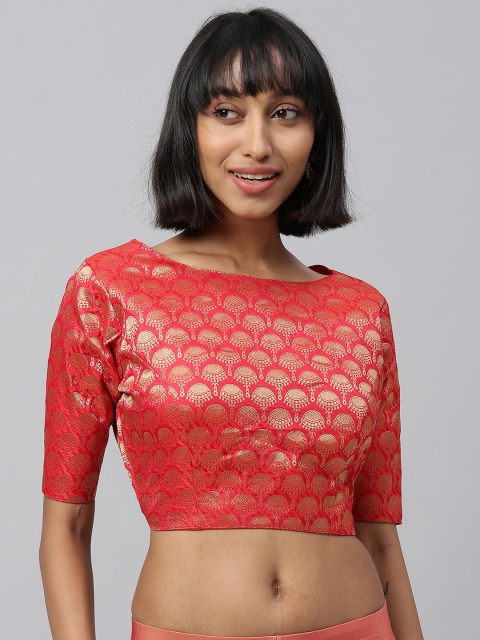 

Amrutam Fab Women Orange & Gold-Toned Embellished Silk Floral Saree Blouse, Red