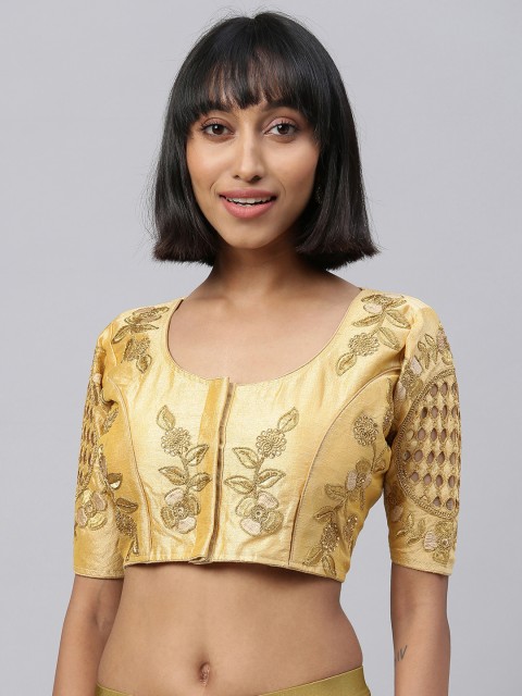

Amrutam Fab Women Beige & Gold-Toned Embellished Silk Floral Saree Blouse