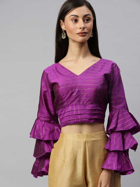 

Amrutam Fab Women Purple & Gold-toned Checked V-Neck Saree Blouse with Layered Bell Sleeve, Magenta