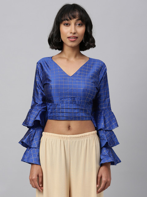 

Amrutam Fab Women's Blue and Beige Checked Silk Blouse With V Neck