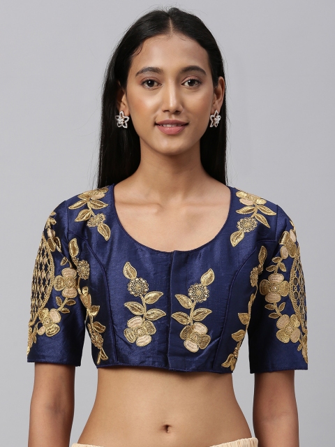 

Amrutam Fab Women Navy Blue & Gold-Toned Embroidered Saree Blouse