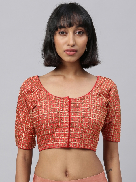 

Amrutam Fab Women Red & Gold-Toned Embellished Saree Blouse