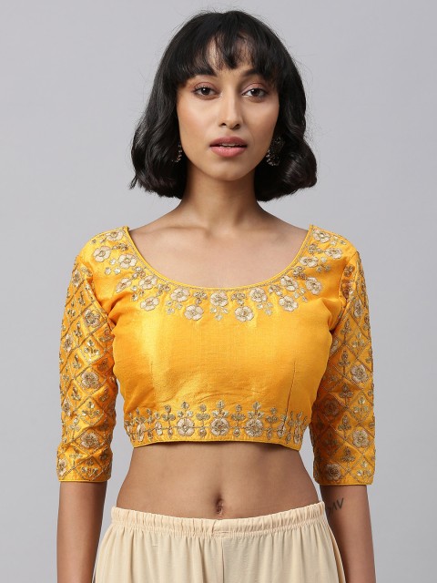 

Amrutam Fab Women's Yellow and Gold Embroidered Silk Blouse With Round Neck