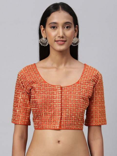 

Amrutam Fab Women Orange & Gold-Toned Embroidered Saree Blouse