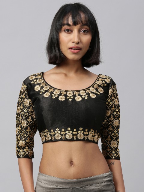 

Amrutam Fab Women Black & Gold-Toned Embroidered Saree Blouse