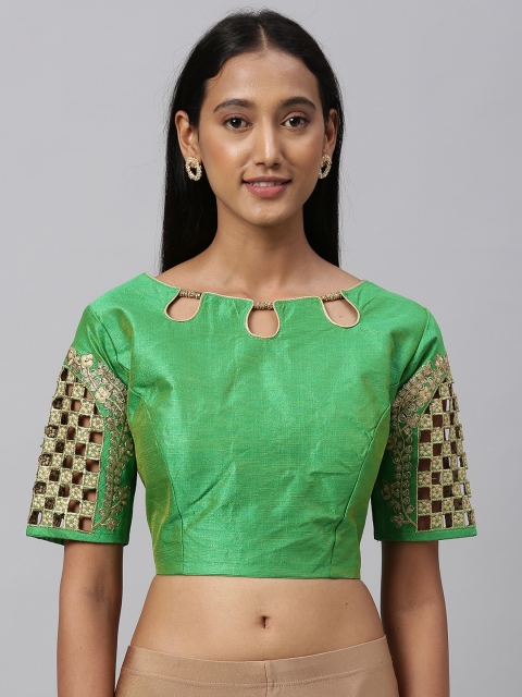 

Amrutam Fab Women's Green and Gold Embroidered Silk Blouse With Round Neck