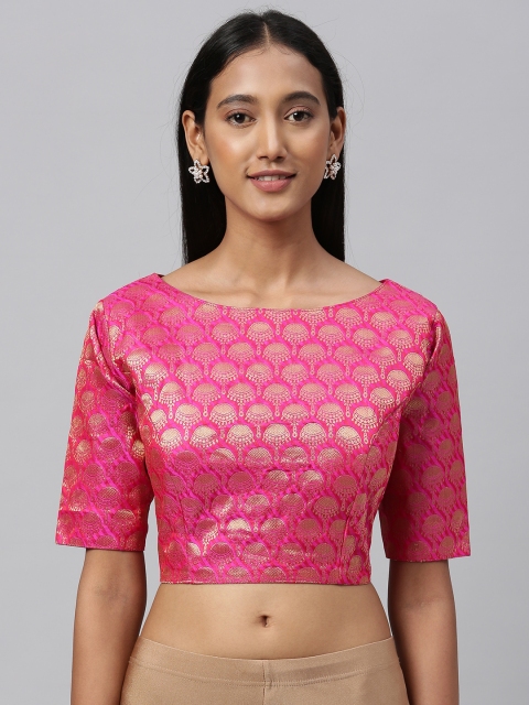 

Amrutam Fab Women's jacquard Pink and Gold Floral Blouse With Round Neck