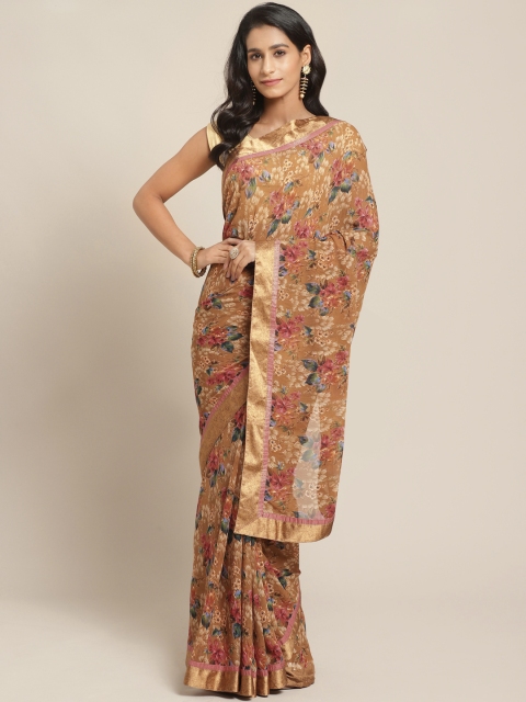 

Pisara Mustard Brown & Pink Floral Printed Saree