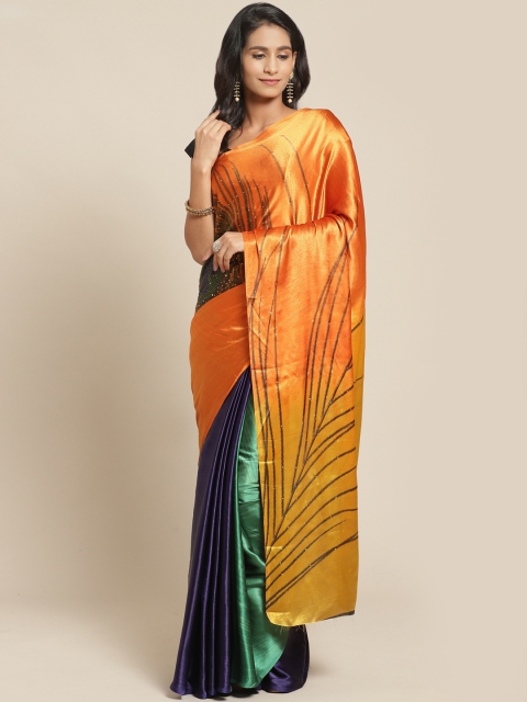 

Pisara Orange & Navy Blue Colourblocked Saree
