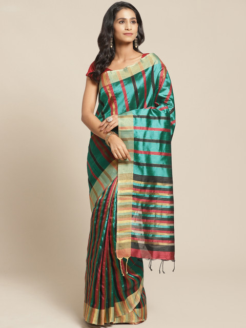 

Pisara Turquoise Blue & Maroon Striped Bhagalpuri Saree