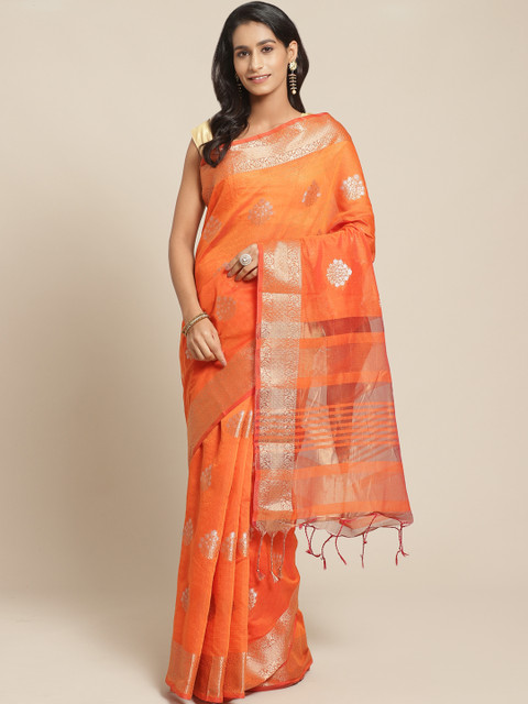 

Pisara Orange & Golden Woven Design Chanderi Saree