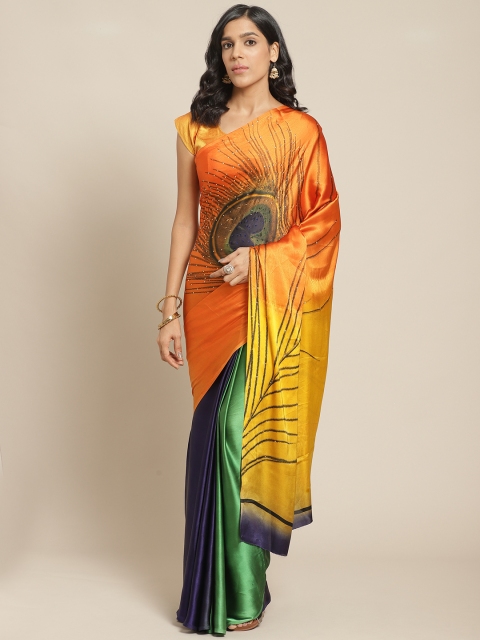 

Pisara Yellow & Navy Blue Satin Printed Saree
