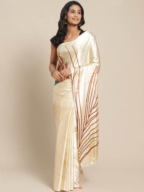 

Pisara Off-White & Orange Satin Silk Morpankhi Print Saree