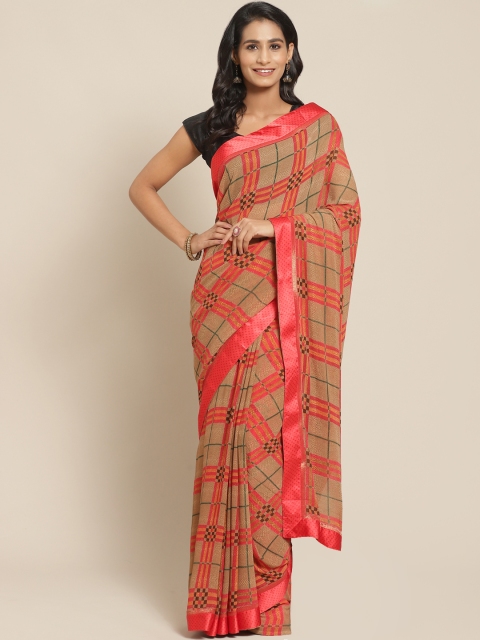 

Pisara Coral Pink & Beige Checked Saree