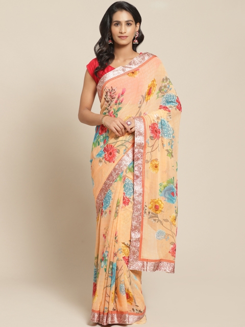 

Pisara Peach-Coloured & Blue Floral Print Saree