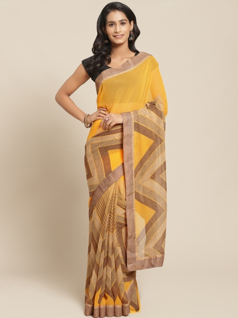 

Pisara Mustard Yellow & Brown Printed Saree