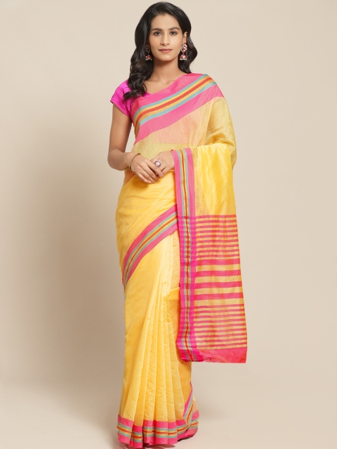

Pisara Yellow & Pink Solid Chanderi Saree