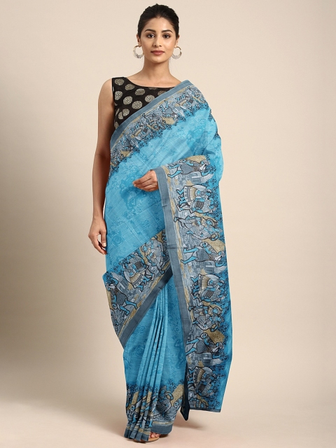 

KALINI Blue Cotton Blend Printed Chanderi Saree