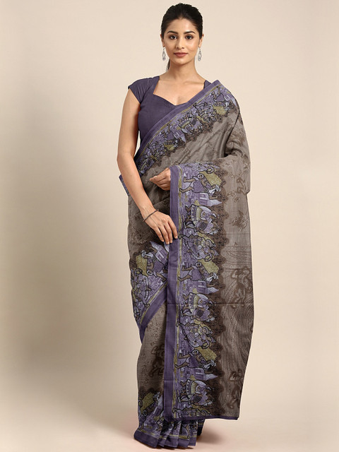 

KALINI Beige & Lavender Cotton Blend Printed Chanderi Saree