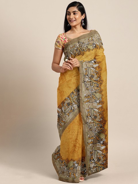 

KALINI Mustard Yellow & Beige Cotton Blend Printed Chanderi Saree