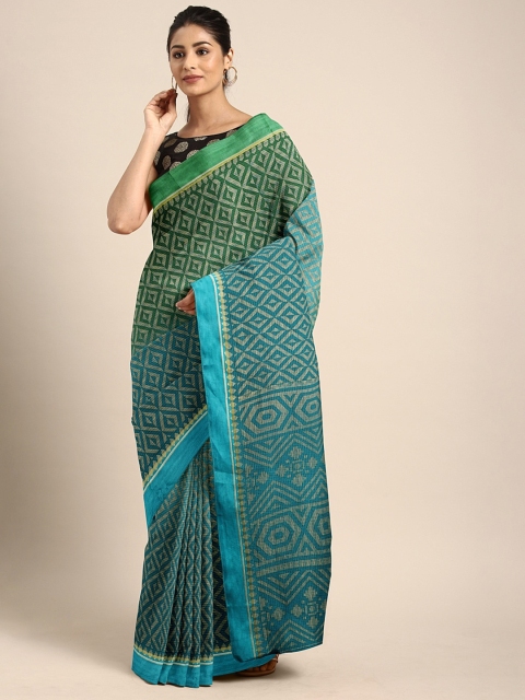 

KALINI Blue & Green Cotton Blend Printed Ikat Saree
