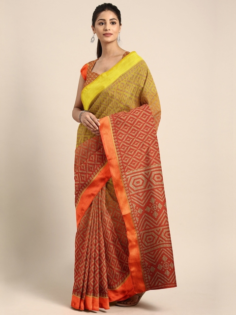 

KALINI Orange & Yellow Cotton Blend Printed Ikat Saree