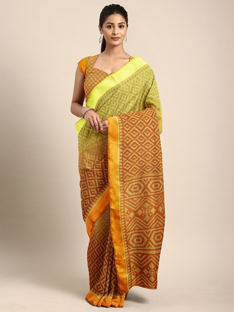 

KALINI Mustard Yellow Cotton Blend Printed Ikat Saree