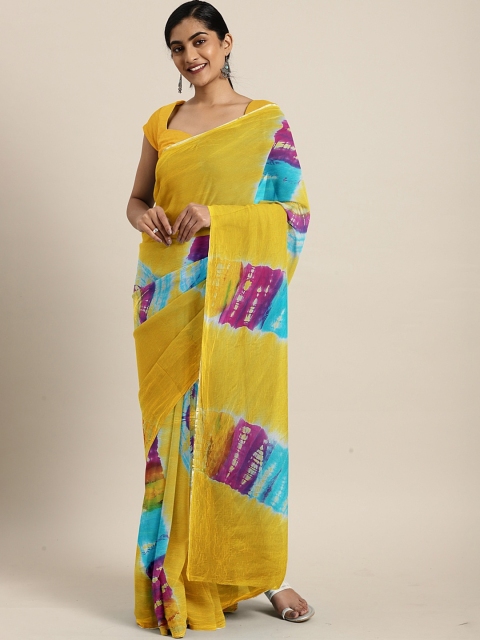 

KALINI Yellow Pure Chiffon Dyed Leheriya Saree