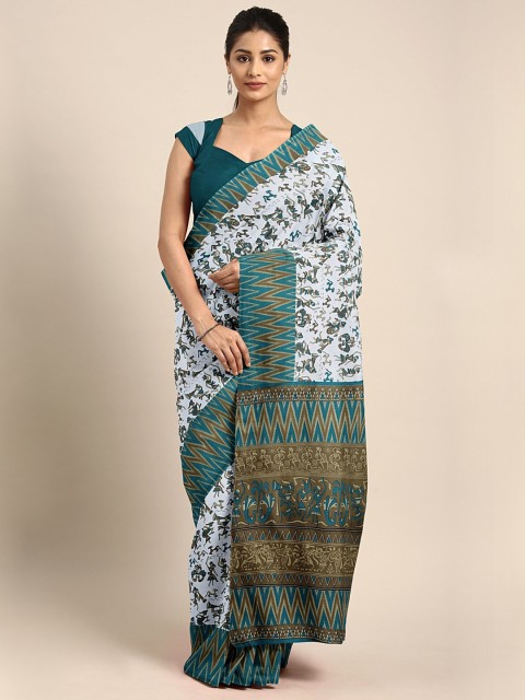 

KALINI White & Teal Blue Cotton Blend Printed Mangalagiri Saree