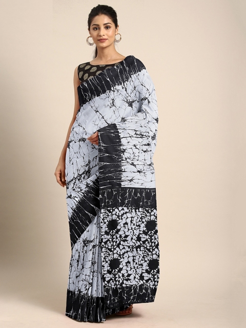 

KALINI White & Black Cotton Blend Printed Mangalagiri Saree