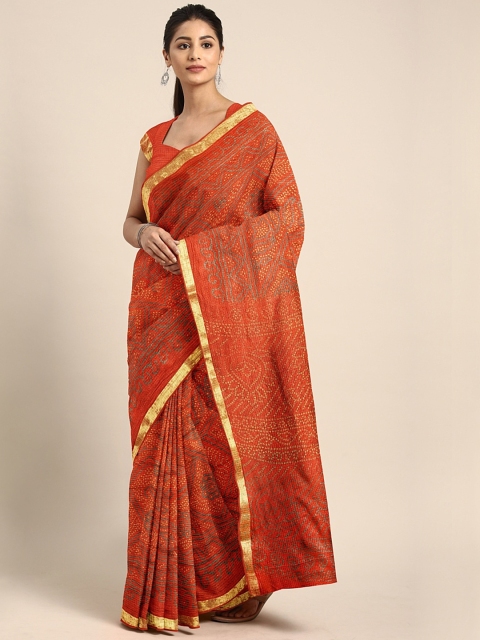 

KALINI Orange Cotton Blend Dyed Bandhani Saree