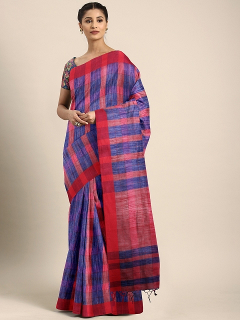 

KALINI Red & Blue Poly Silk Checked Banarasi Saree