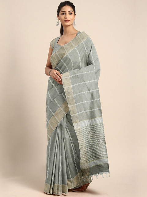 

KALINI Grey & White Pure Cotton Striped Venkatgiri Saree